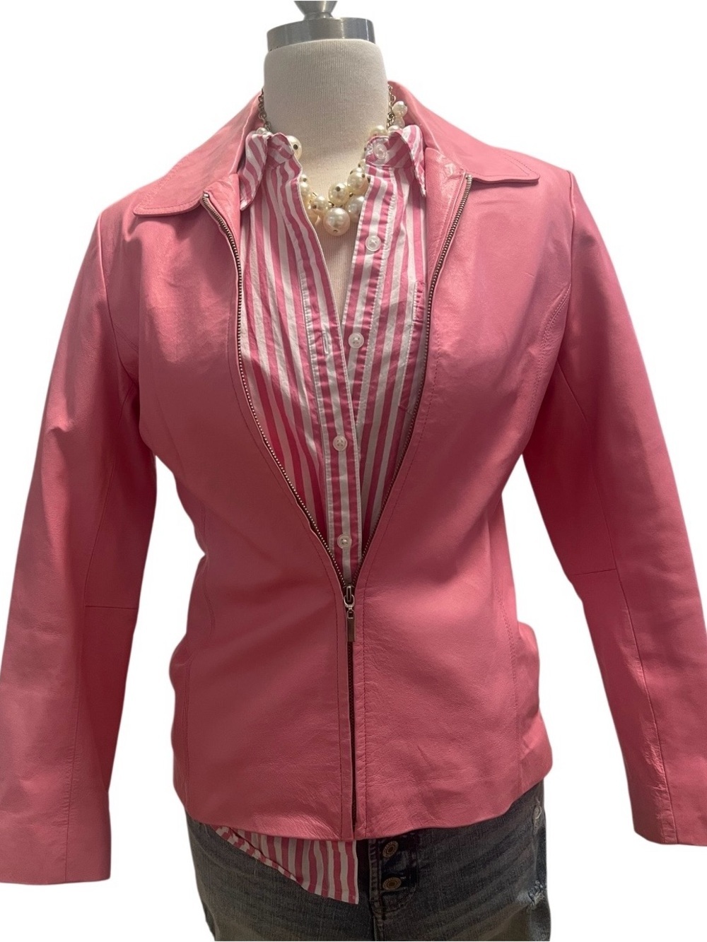 Women’s Barbie, pink Leather Jacket - Classic Zip Front - Picture 4 of 5